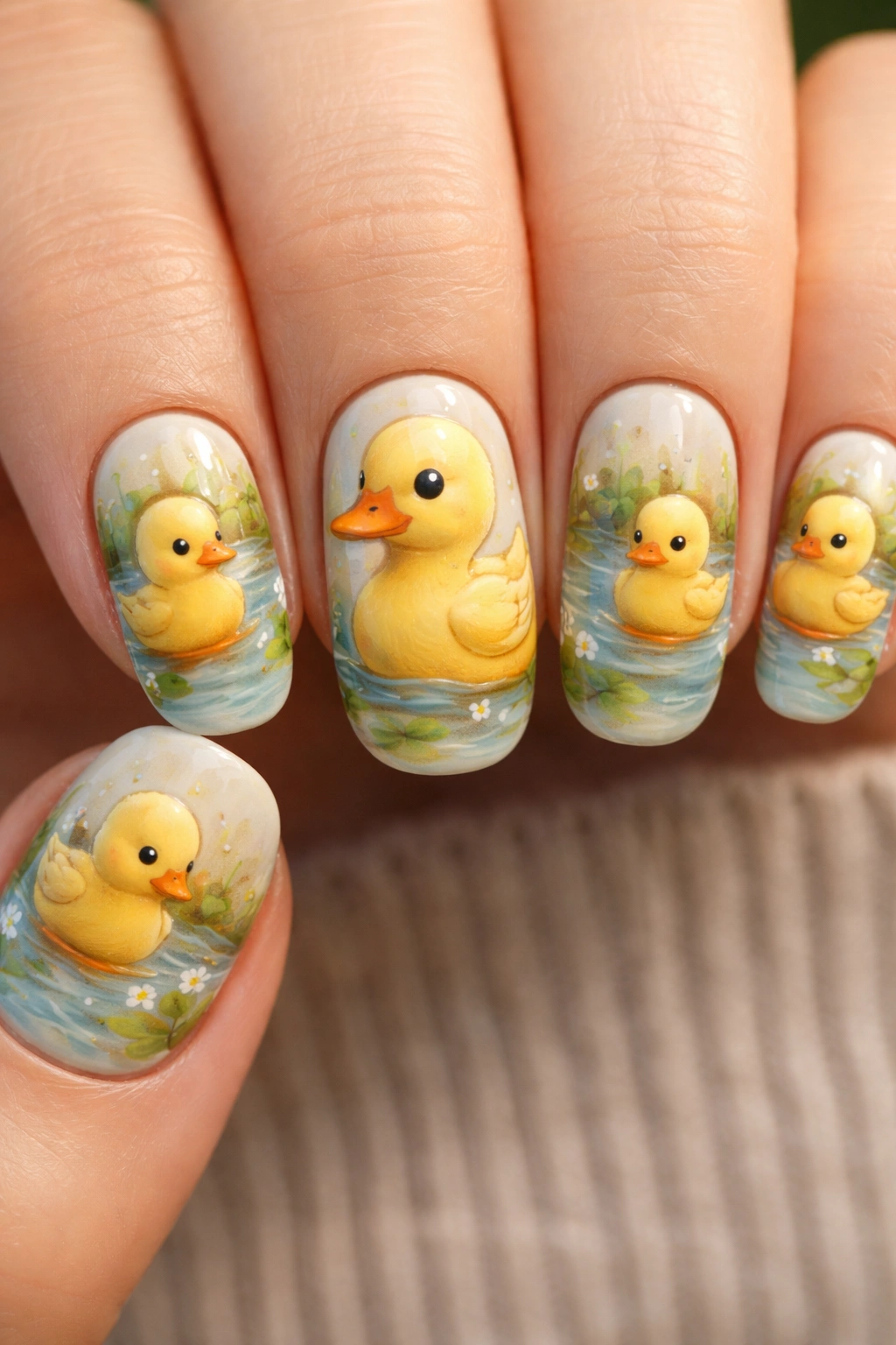 Nails showing a mama duck and ducklings across multiple nails