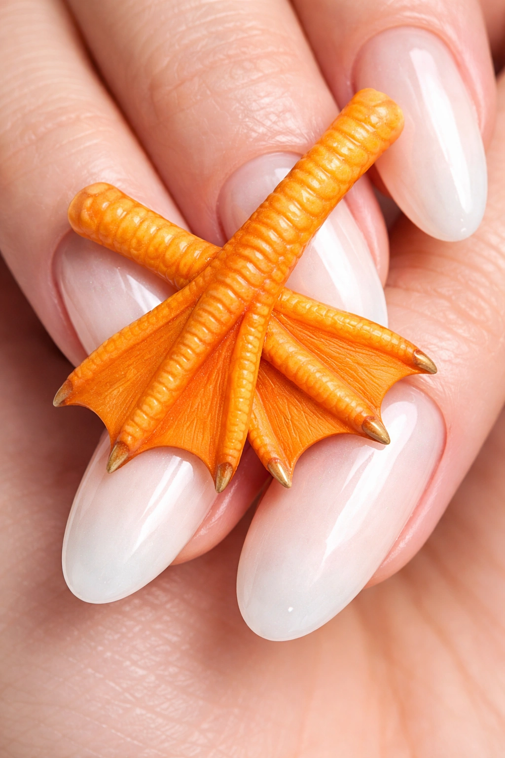 Nail art featuring crossing orange duck feet on a contrasting base