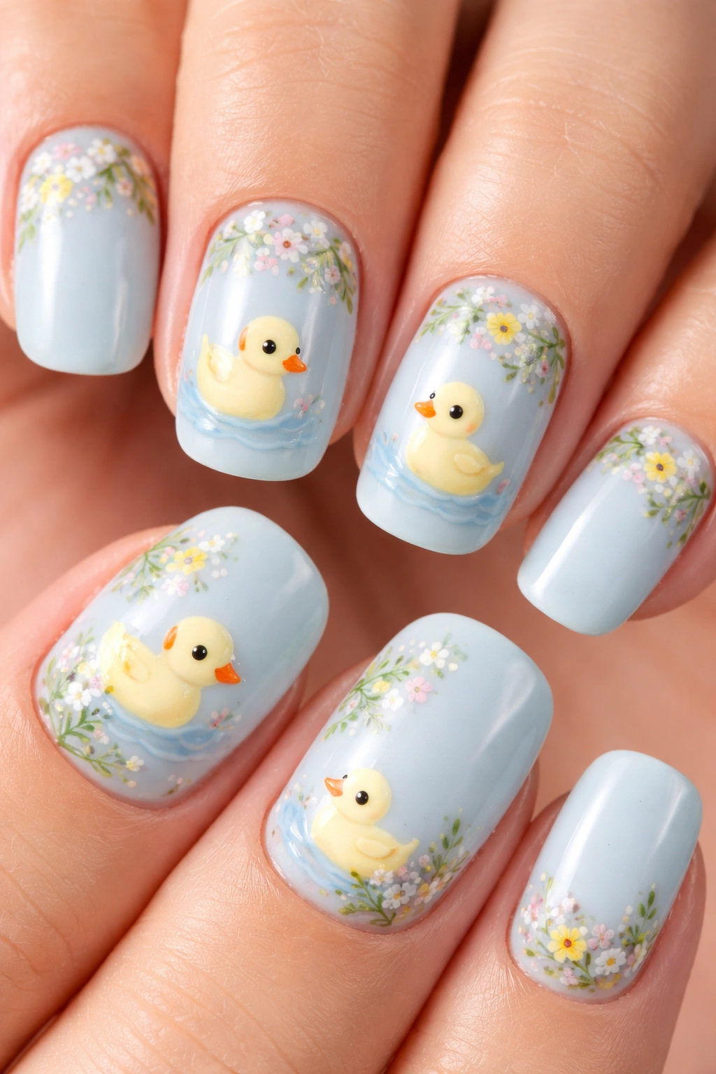 Nails with baby blue base, ducks, and floral accents in a balanced layout.