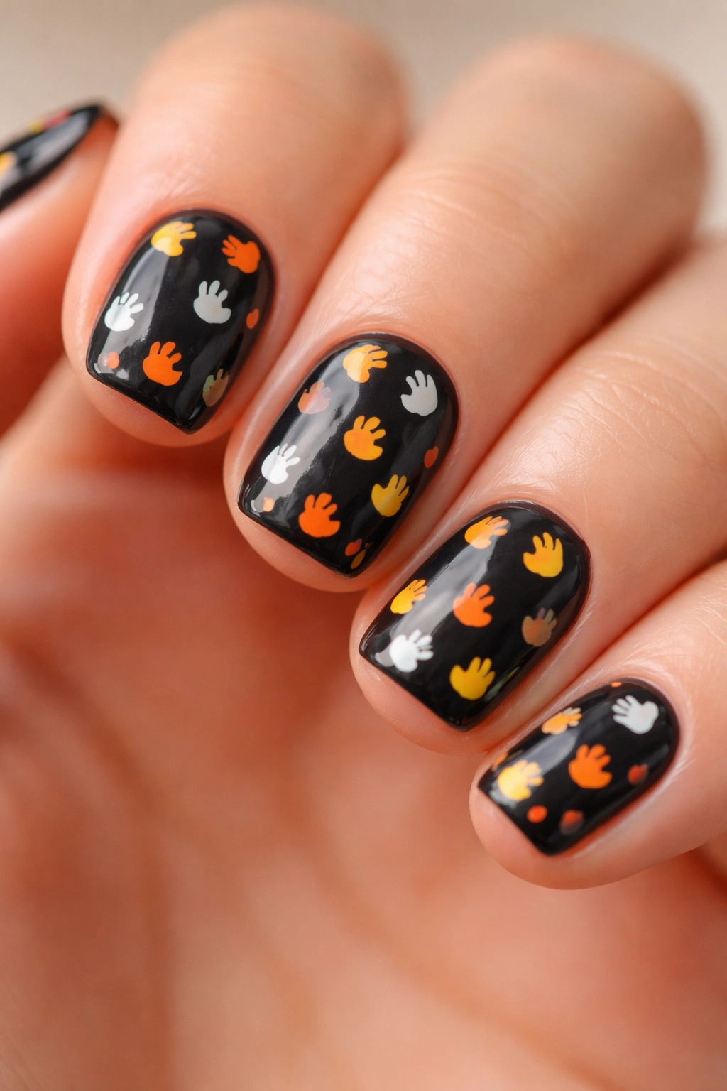 Close-up of short nails with orange, yellow, and white duck footprint patterns on a dark base