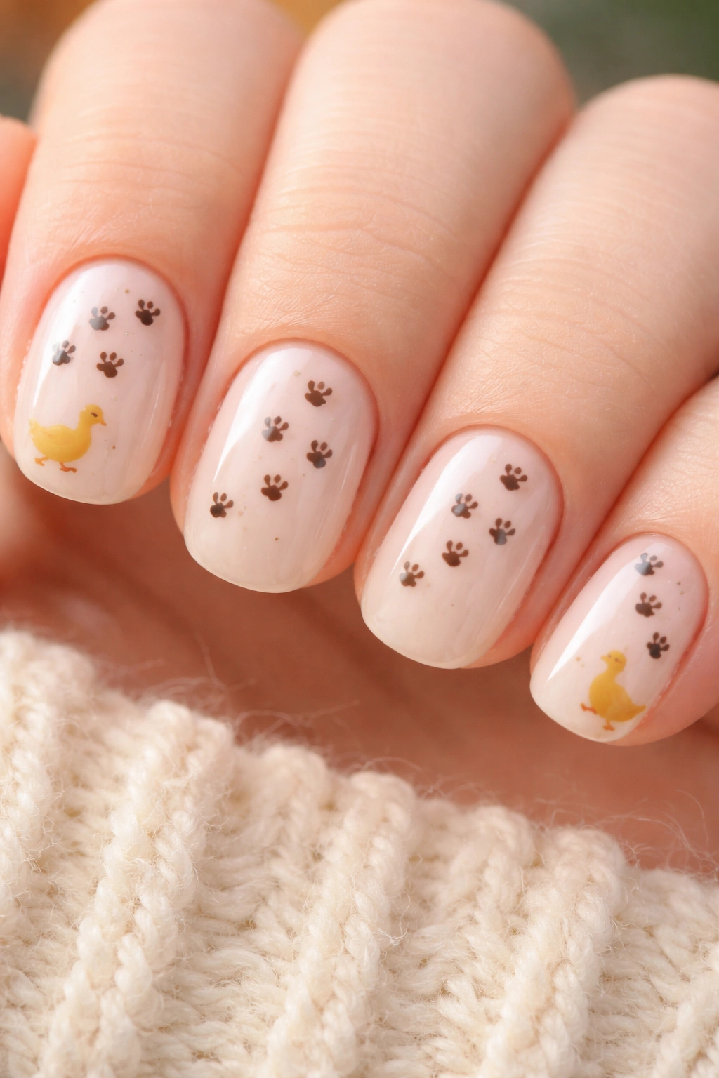 Close-up of duck footprints pattern on nails with tiny duck silhouettes