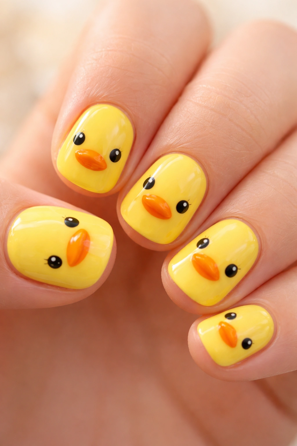 Close-up of nails with classic yellow duck head designs featuring beaks and eyes