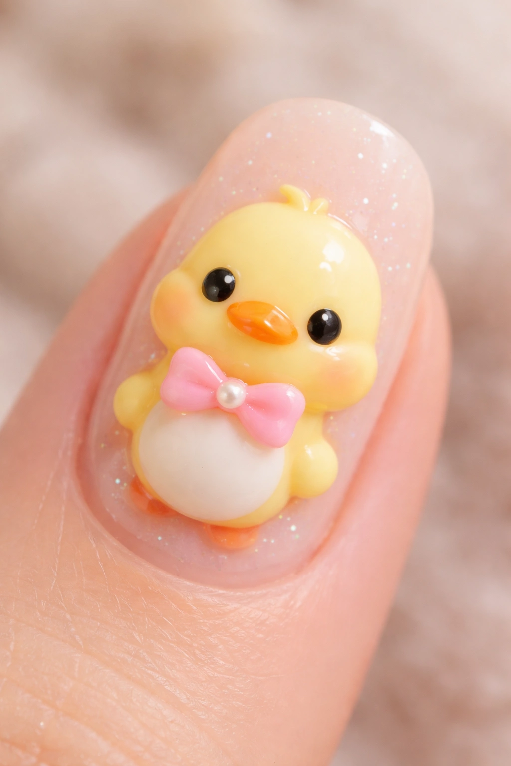 Nail art of duck with tiny pink bow between head and body
