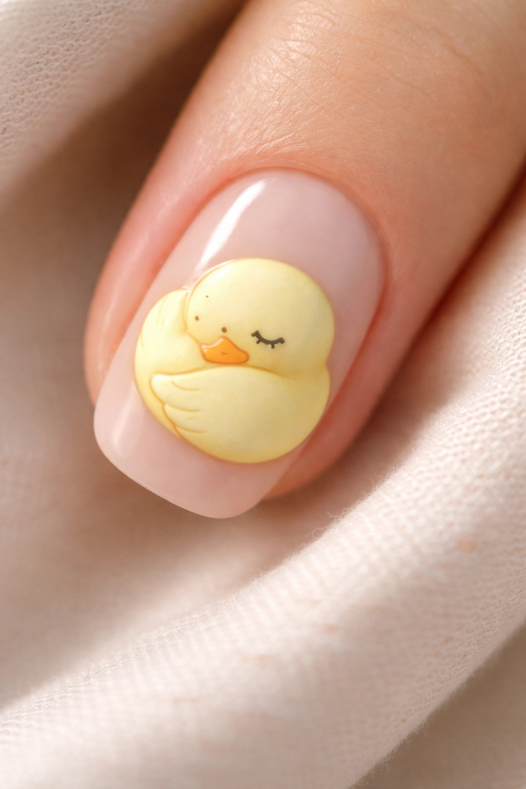 Close-up of a nail showing sleeping duck curled in a ball
