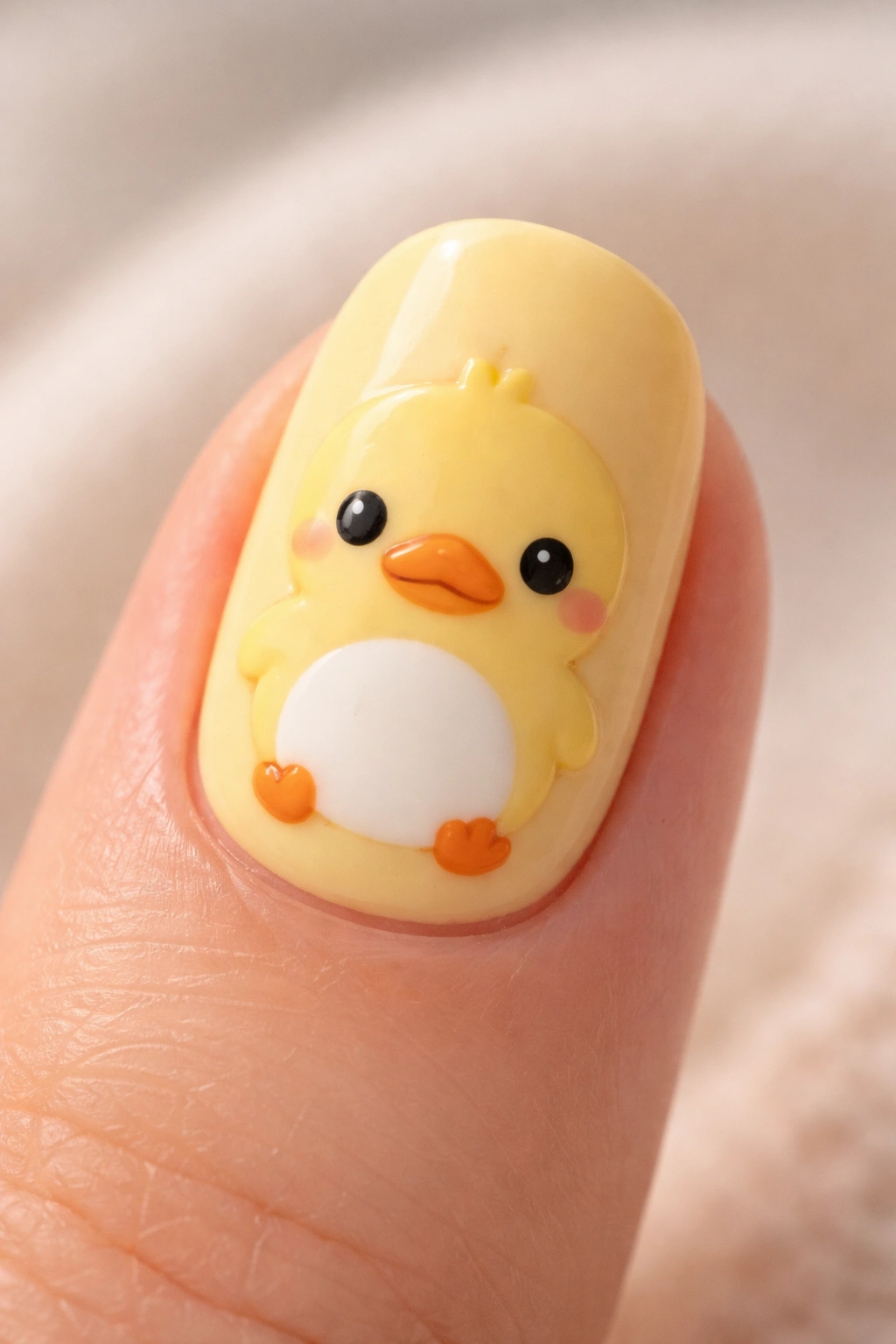 Close-up of a nail with classic yellow duck face design