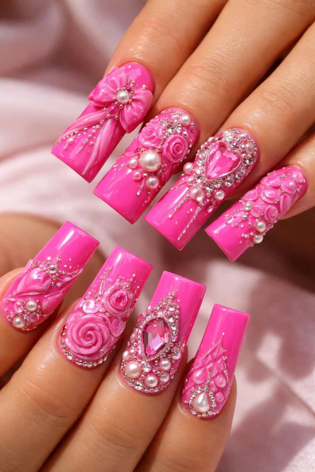 Hot pink duck nails showcasing 3D dimensional designs with raised accents