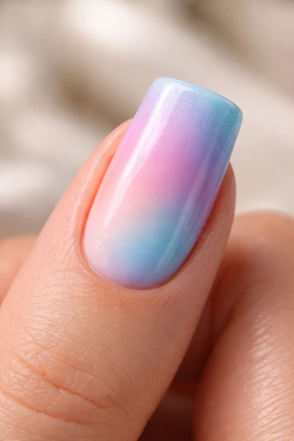Close-up of a duck nail with a smooth airbrushed gradient on a manicured nail