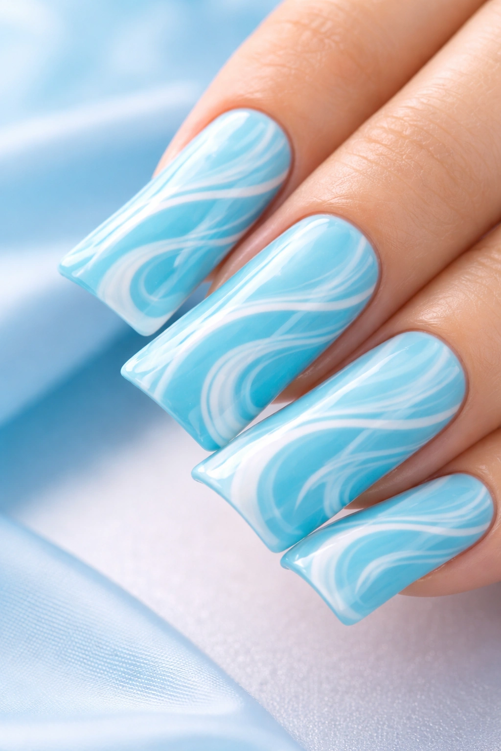 Duck nail aquamarine blue with white swirl design