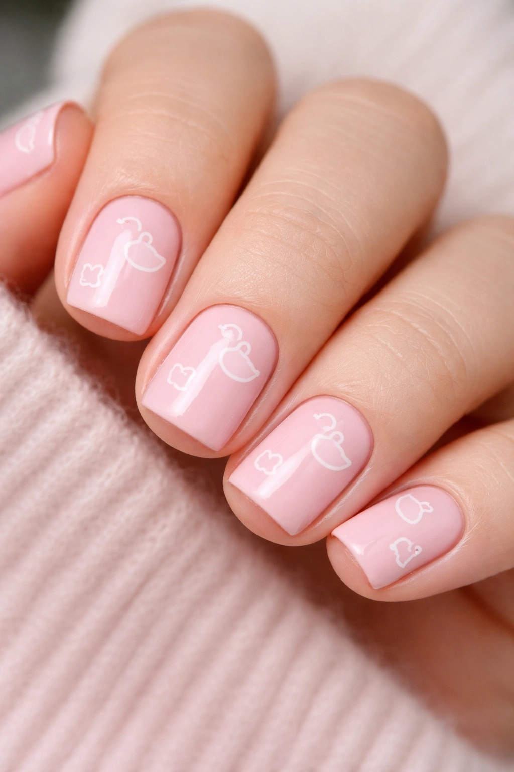 Close-up of short nails with baby pink base and white-outlined duck silhouettes