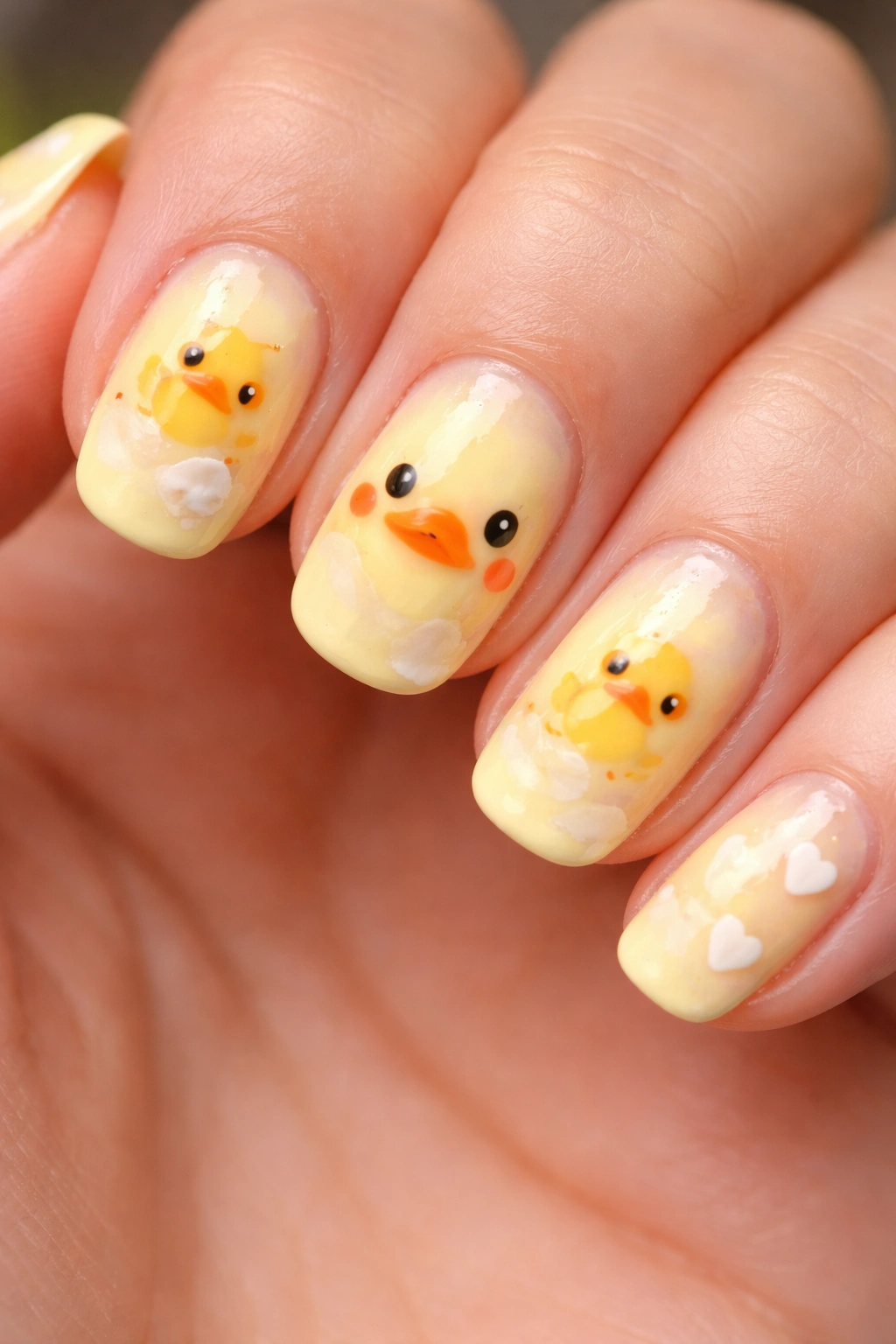 Duck nails with uneven lines and smudges illustrating common beginner mistakes