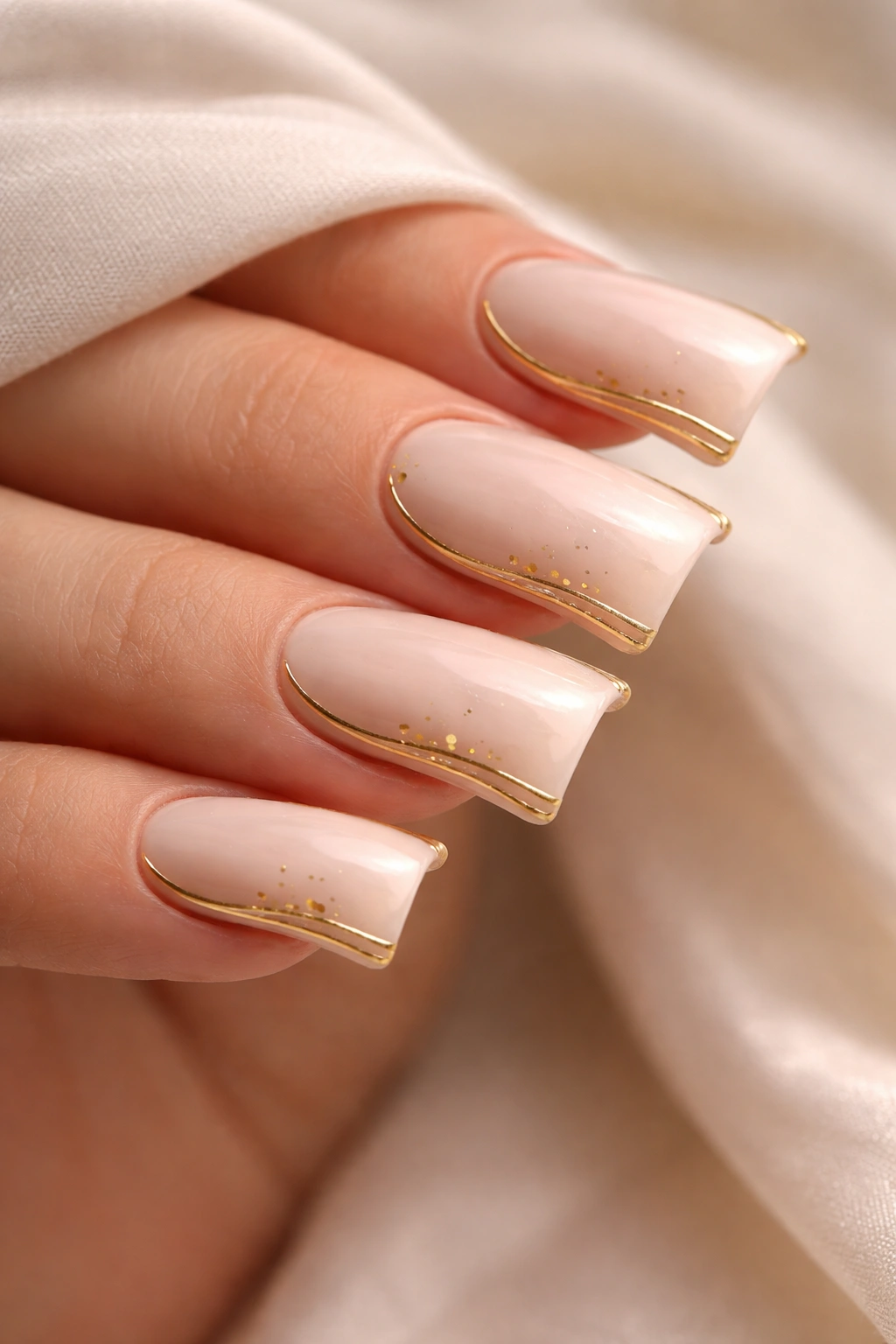 Close-up of beige duck nails with a delicate gold accent line