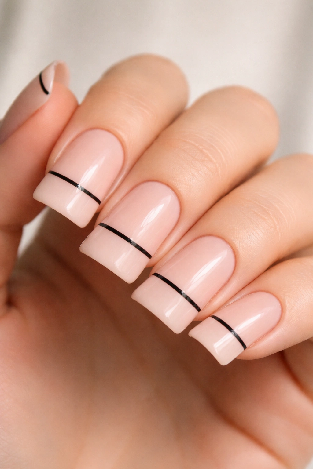 Duck nails with a minimalist black line accent on pale base