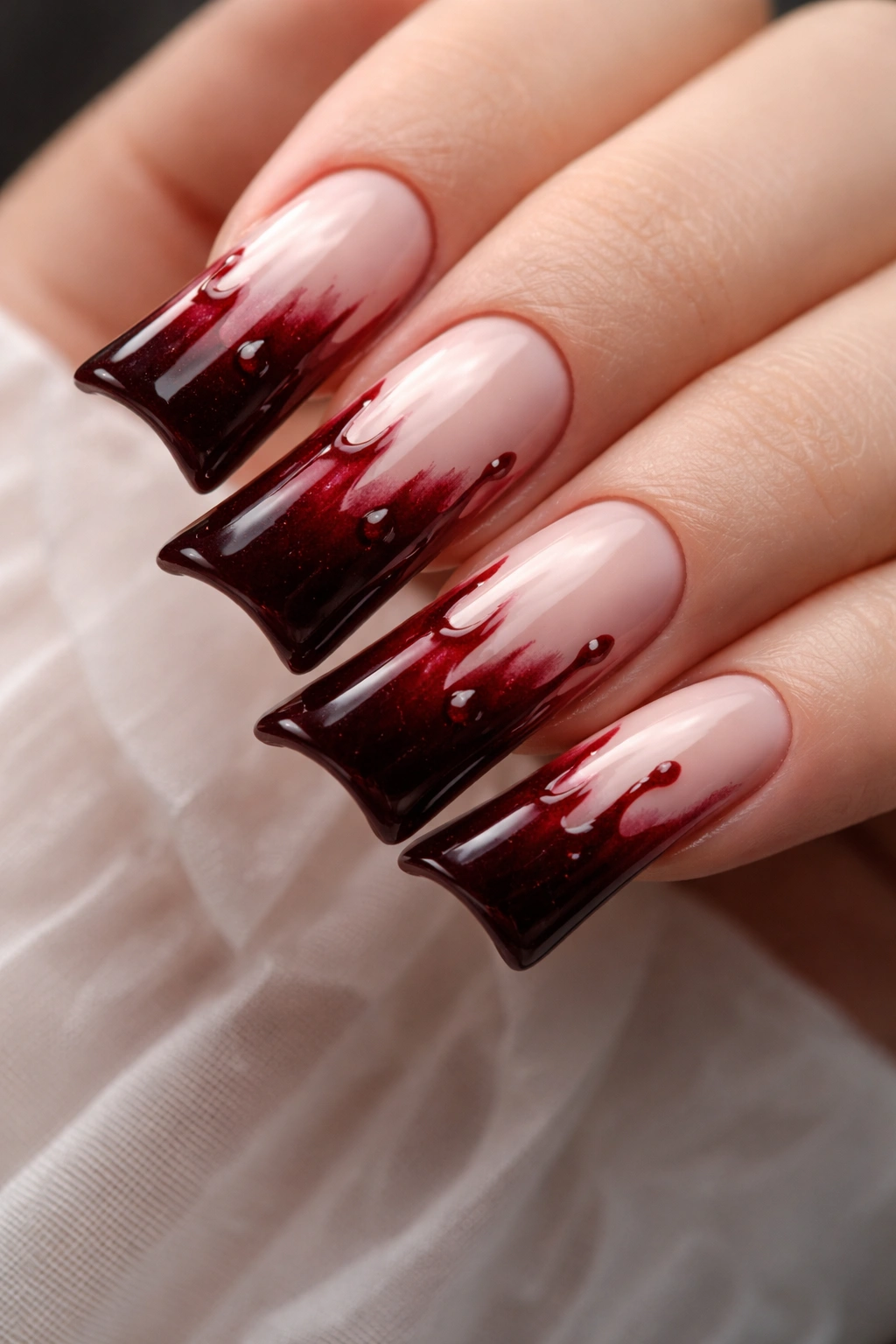 Nude to burgundy blood drip gradient on duck nails