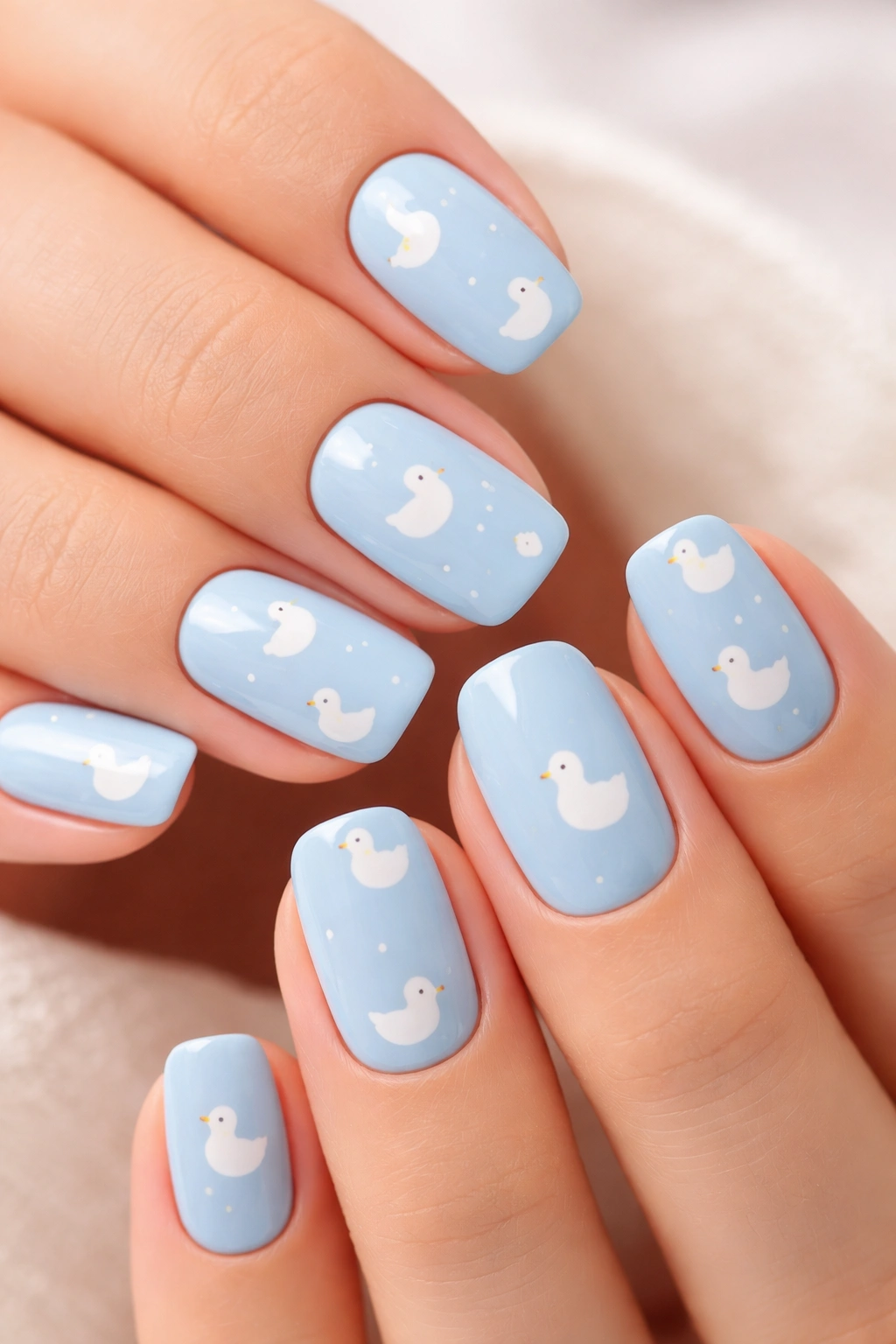 Close-up of nails with a soft baby blue base and delicate white duck silhouettes.