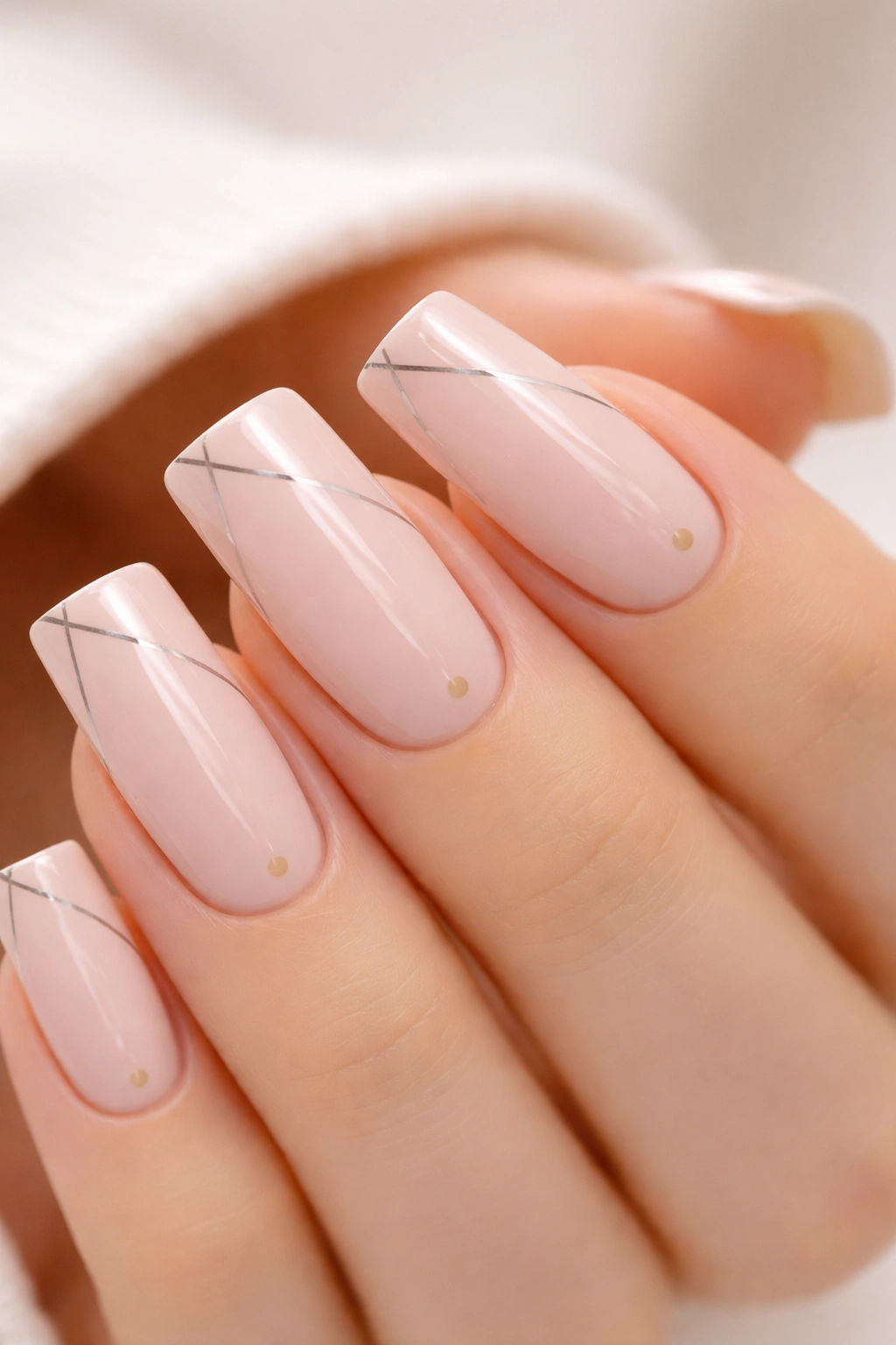 Close-up of duck nails in blush pink with minimalist line art