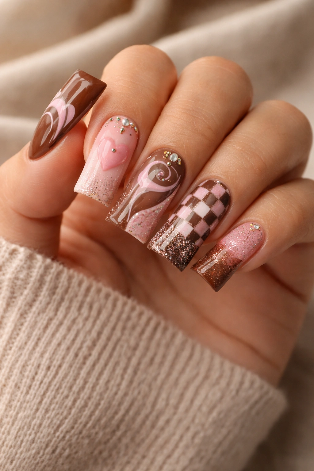 Close-up of a duck-nail manicure in brown and pink palette