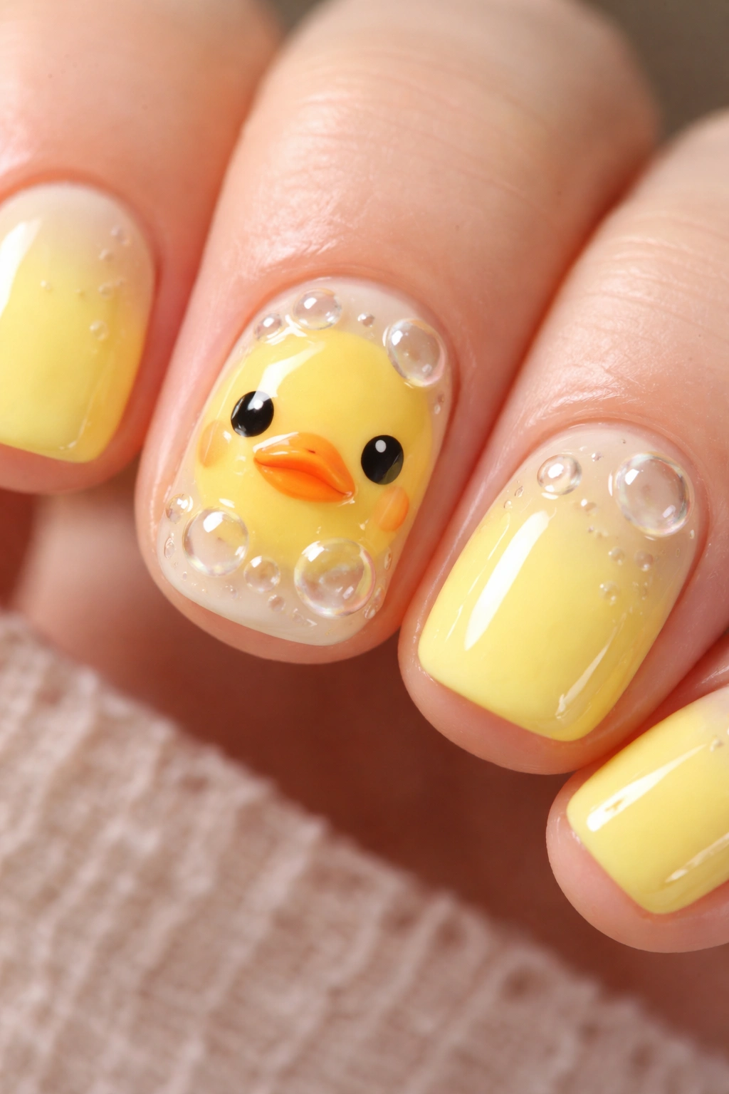 Yellow duck nail with floating bubbles around it