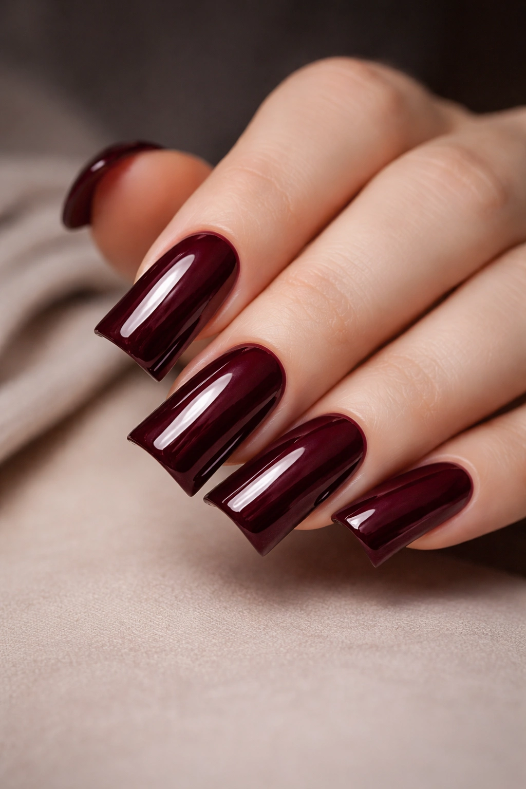 Close-up of burgundy duck nails with glossy finish