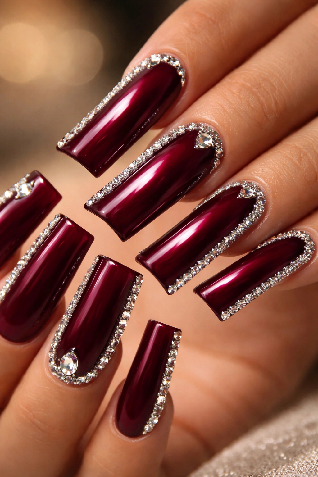 Duck nails in deep burgundy with diamond accents.
