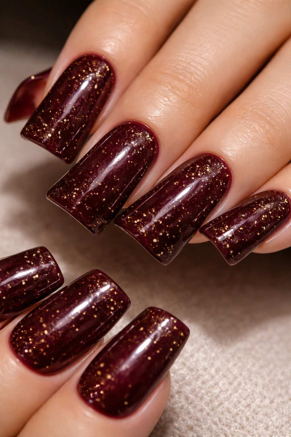 Duck nails in deep burgundy with gold flecks