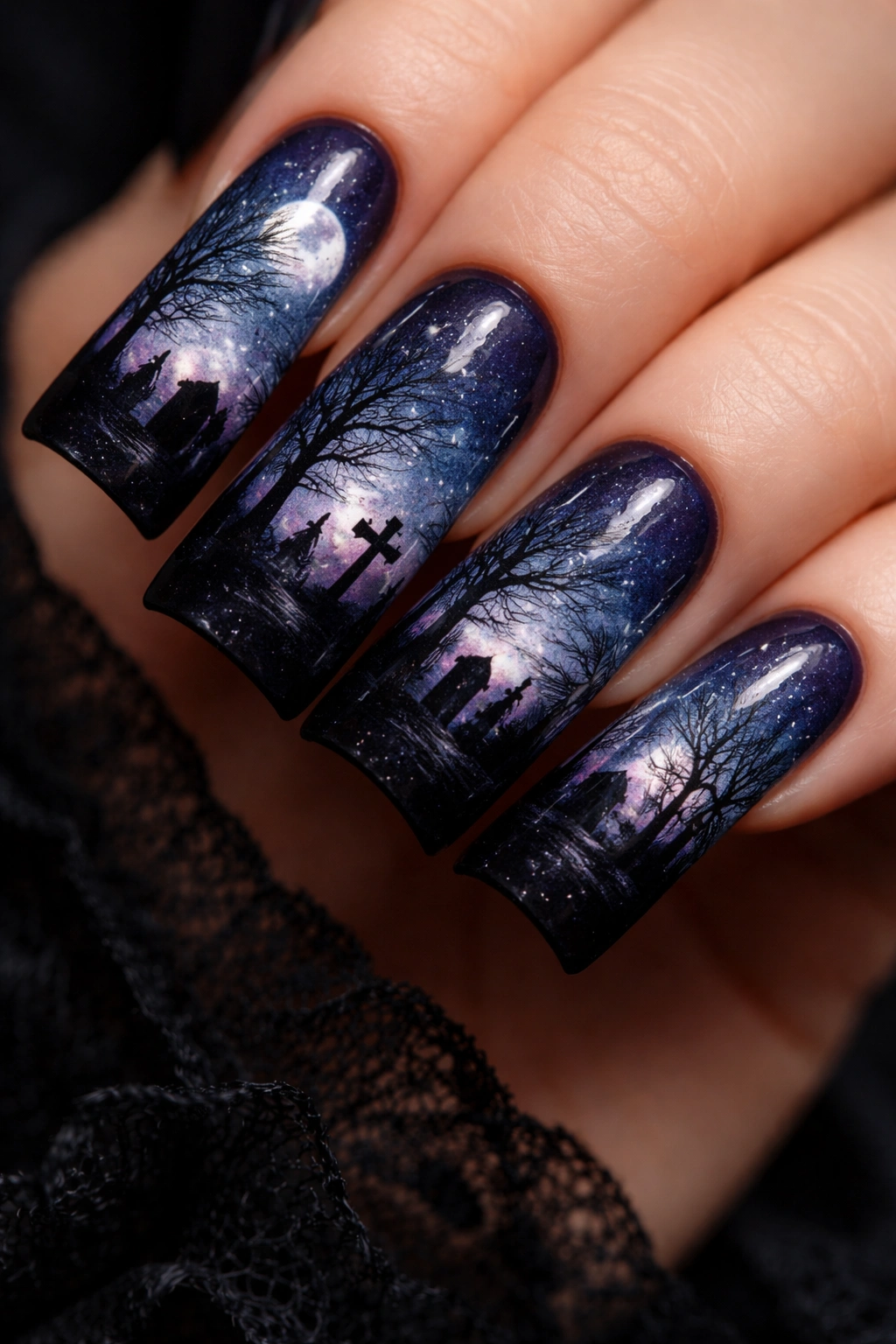 Duck nails depicting a midnight cemetery landscape silhouette scene