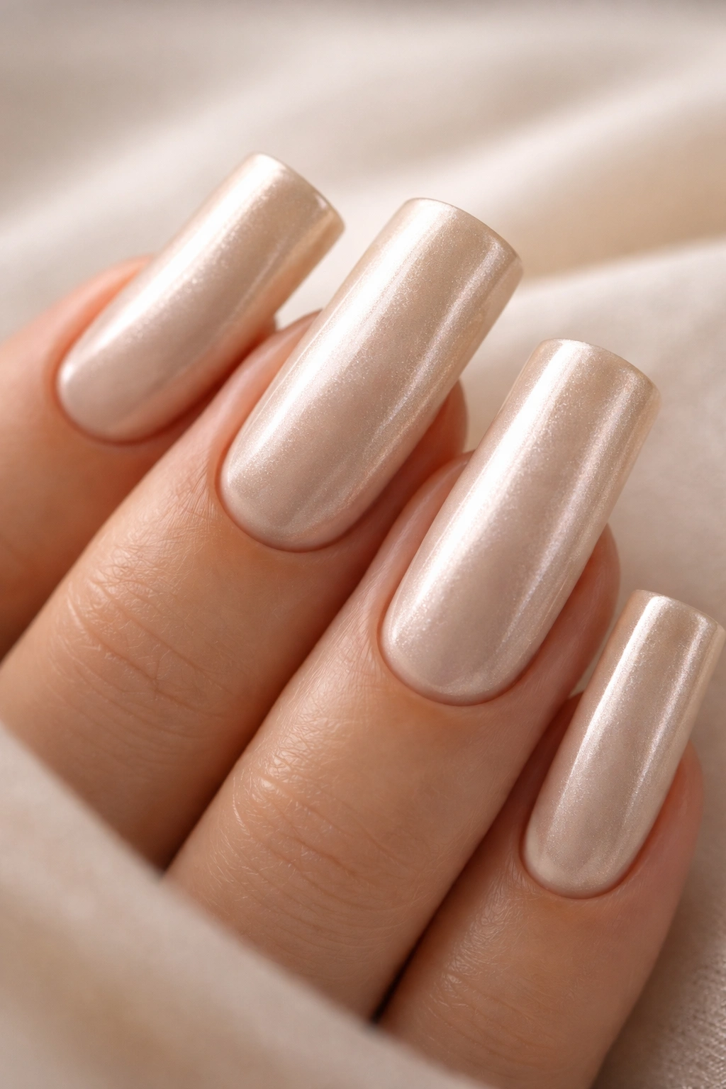 Close-up of duck nails in champagne with pearl finish