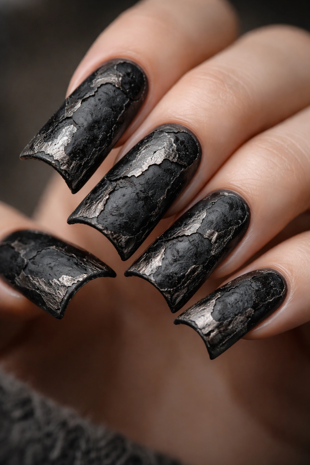 Duck nails charcoal peeling black paint effect