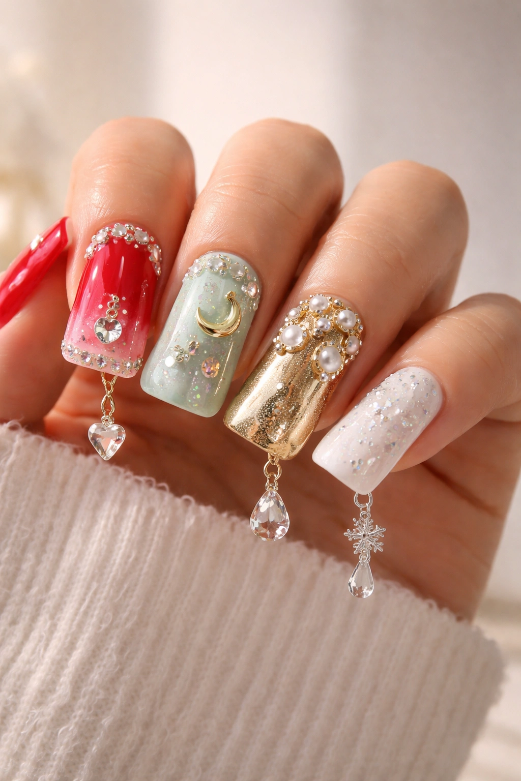 Hand displaying diverse duck nails with charms in a clean studio setting