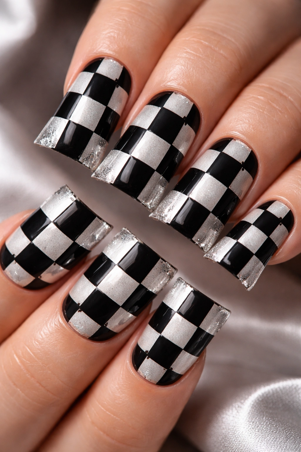 Duck nails with a precise black and silver checkerboard pattern on a pale base.