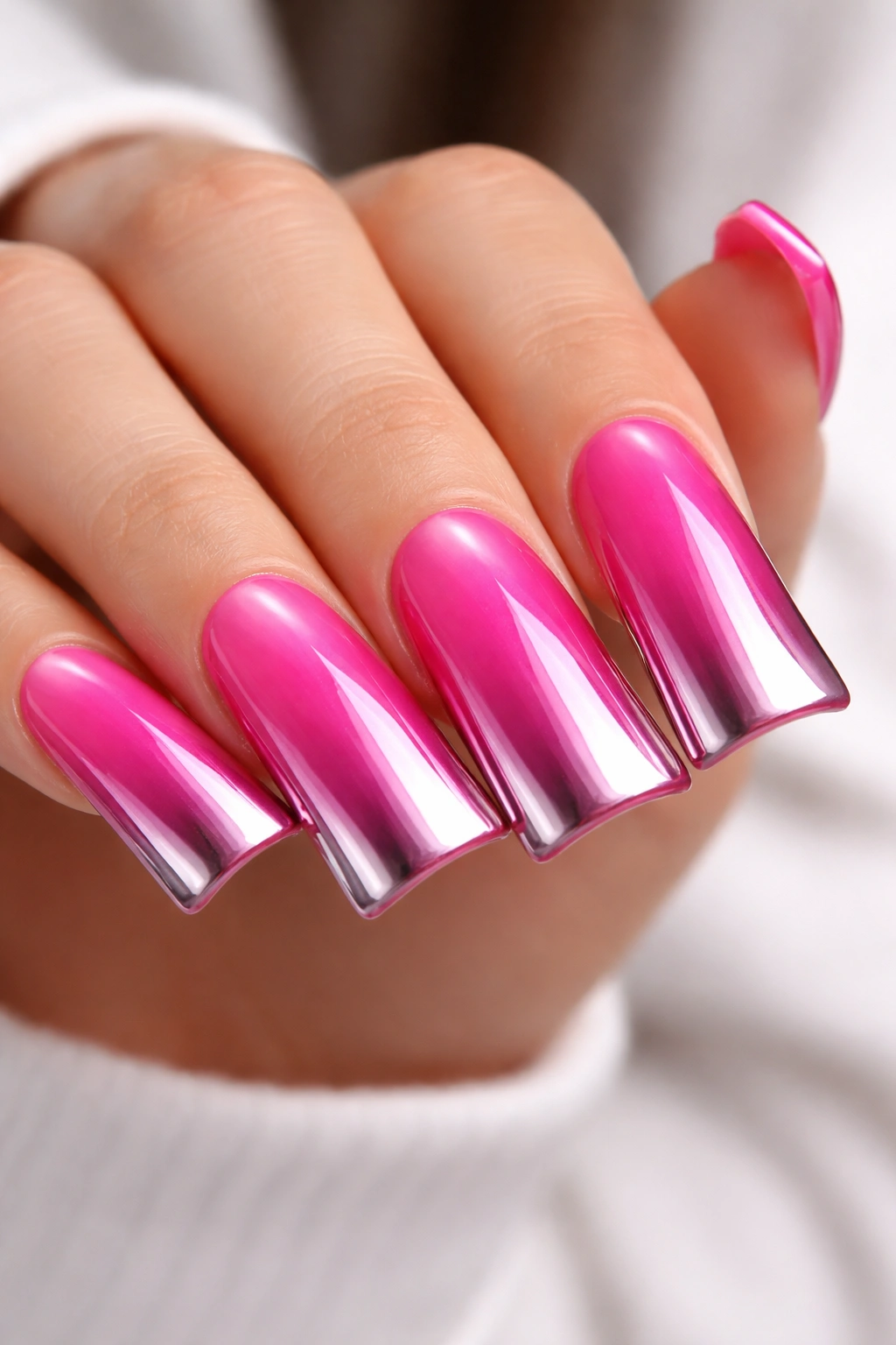 Close-up of duck nails in glossy hot pink with chrome gradient fade
