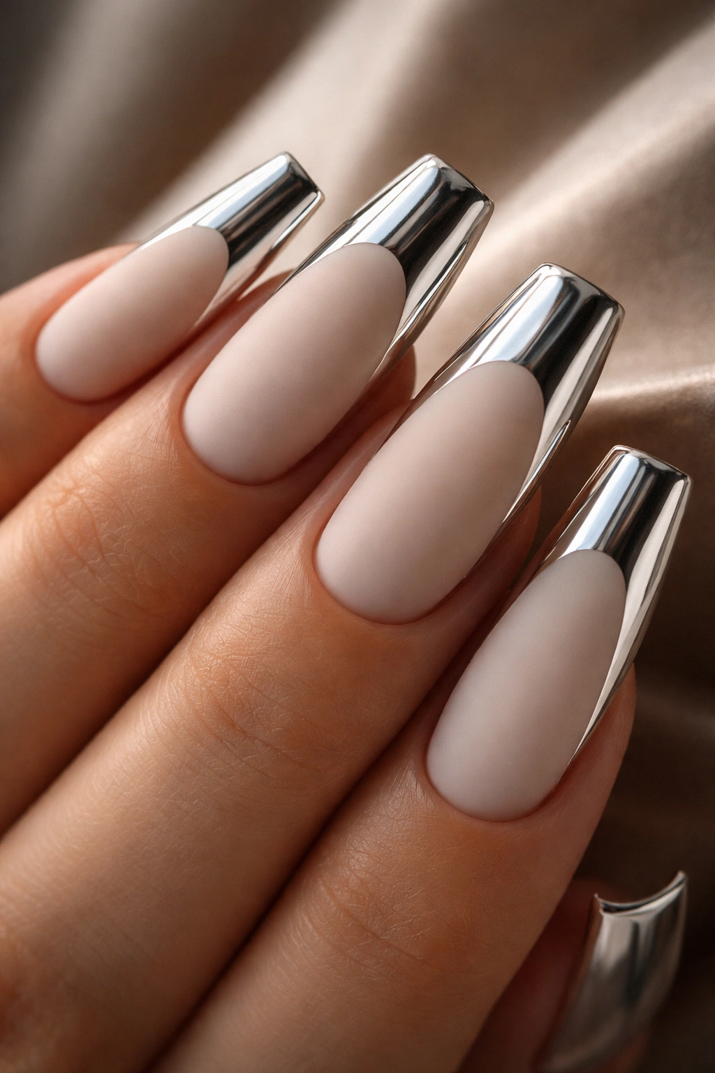 Close-up of duck nails with matte base and chrome white tip