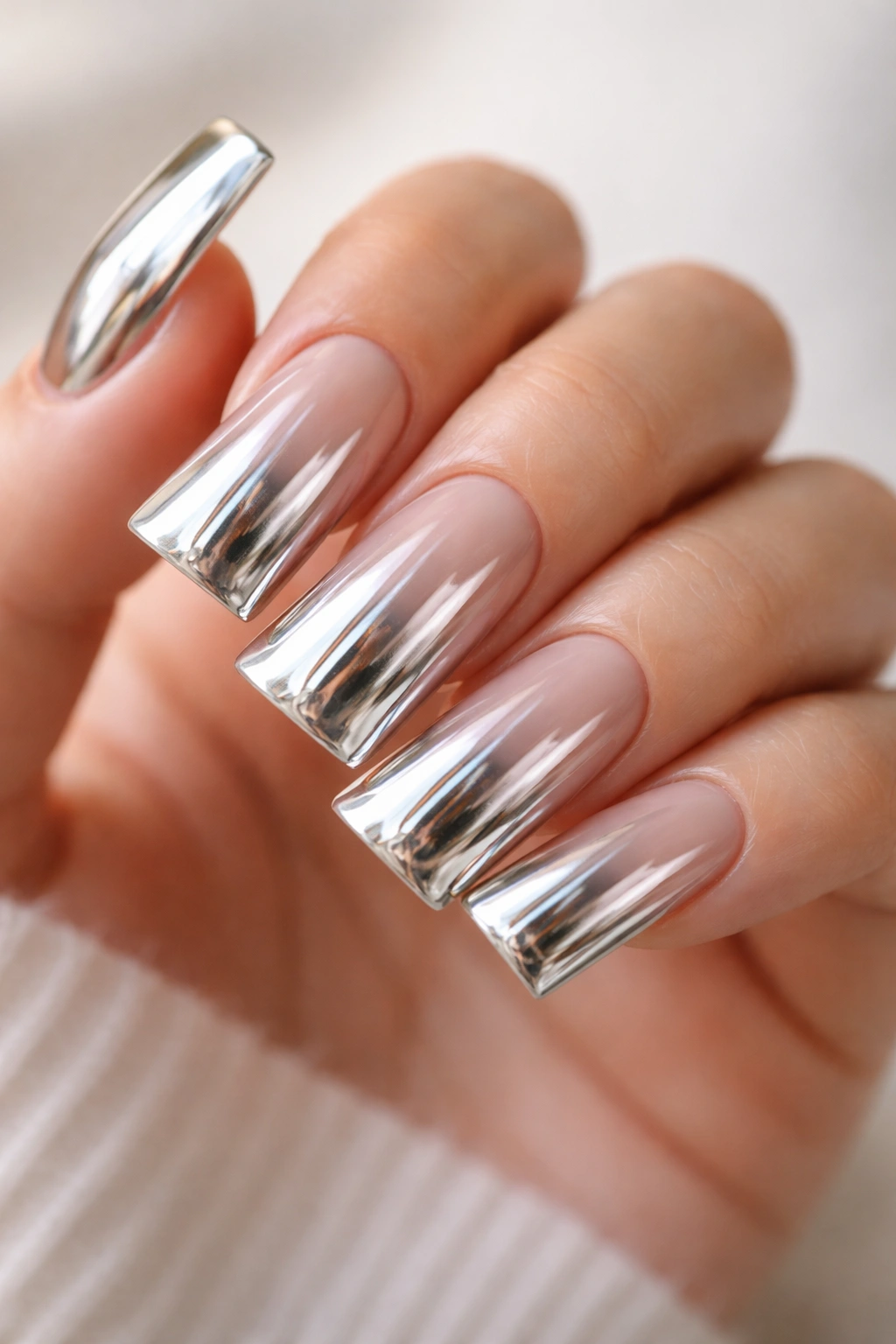 Nude base duck nails with chrome metallic top layer reflecting light