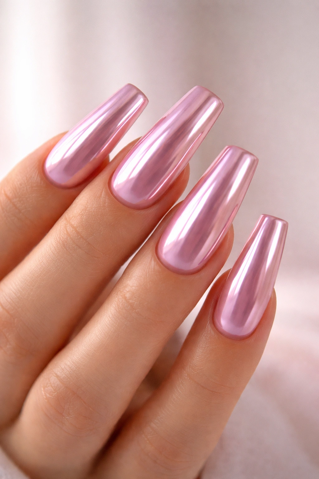 Close-up of duck nails with pink chrome finish