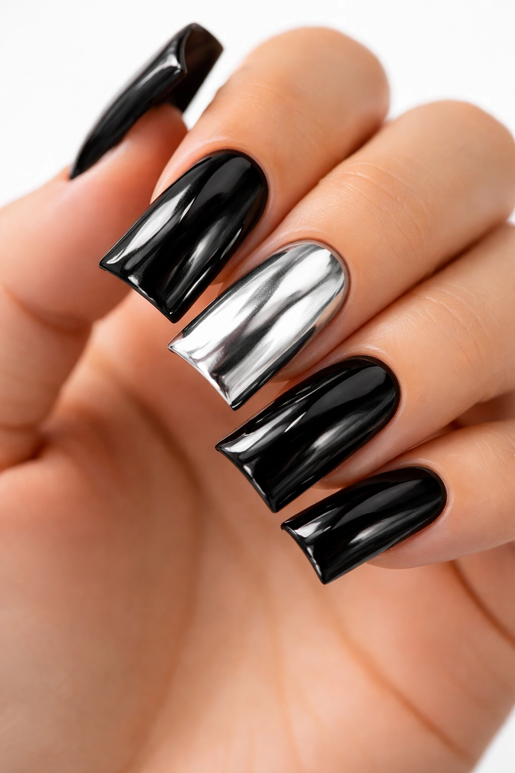 Duck nails with chrome accent nail beside black nails
