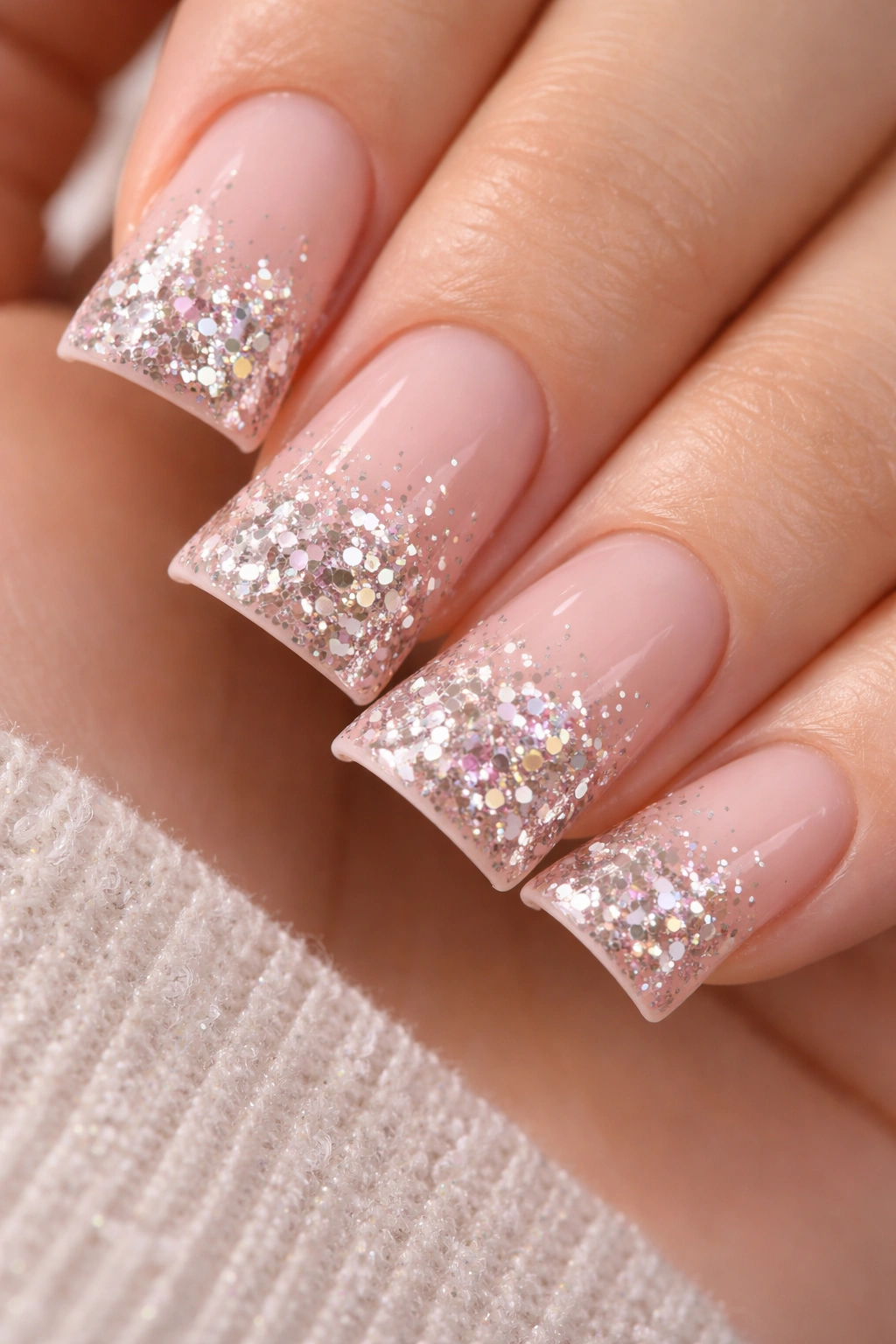 Close-up of chunky glitter duck nails on a soft pink base