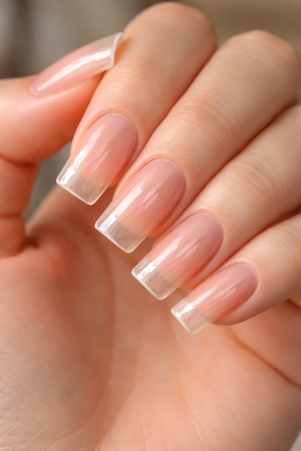 Close-up of duck nails with natural clear polish showing bare nails