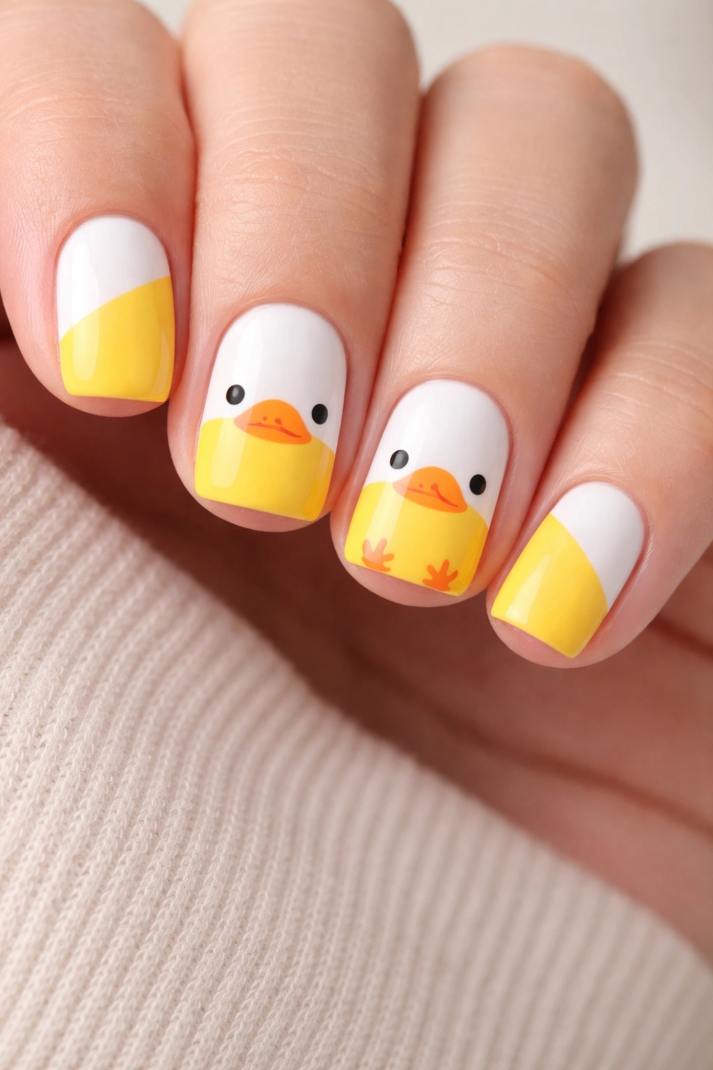 Close-up of yellow and white duck nails with cross-boundary duck face on short nails