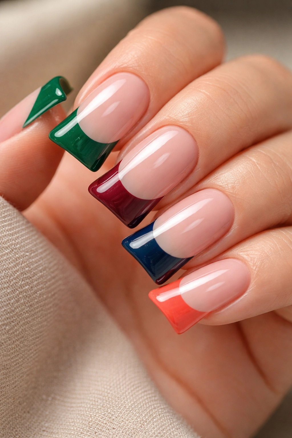 Close-up of glossy duck nails with colored French tips