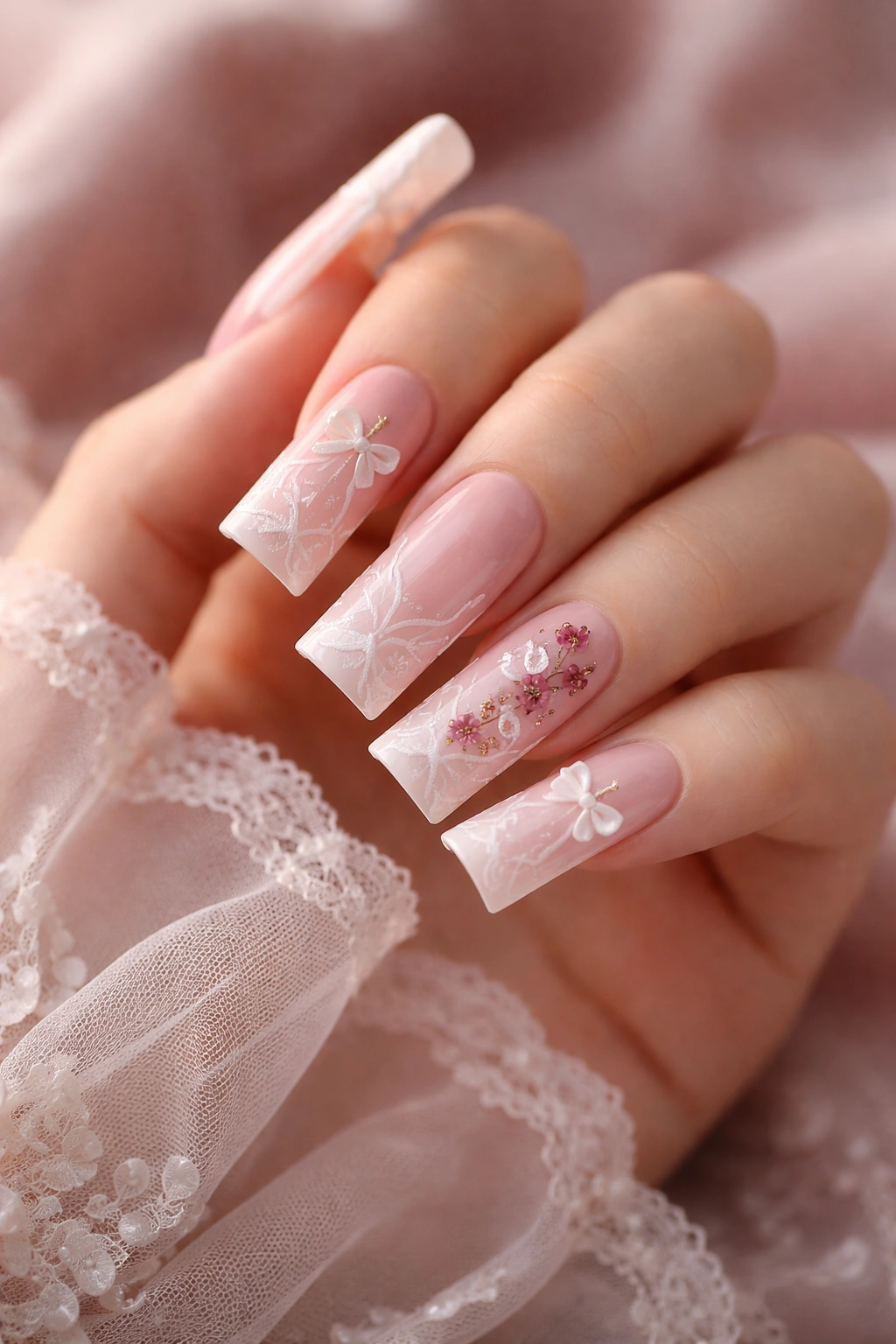 Close-up of a hand showing elegant duck nails with pink base and delicate detailing
