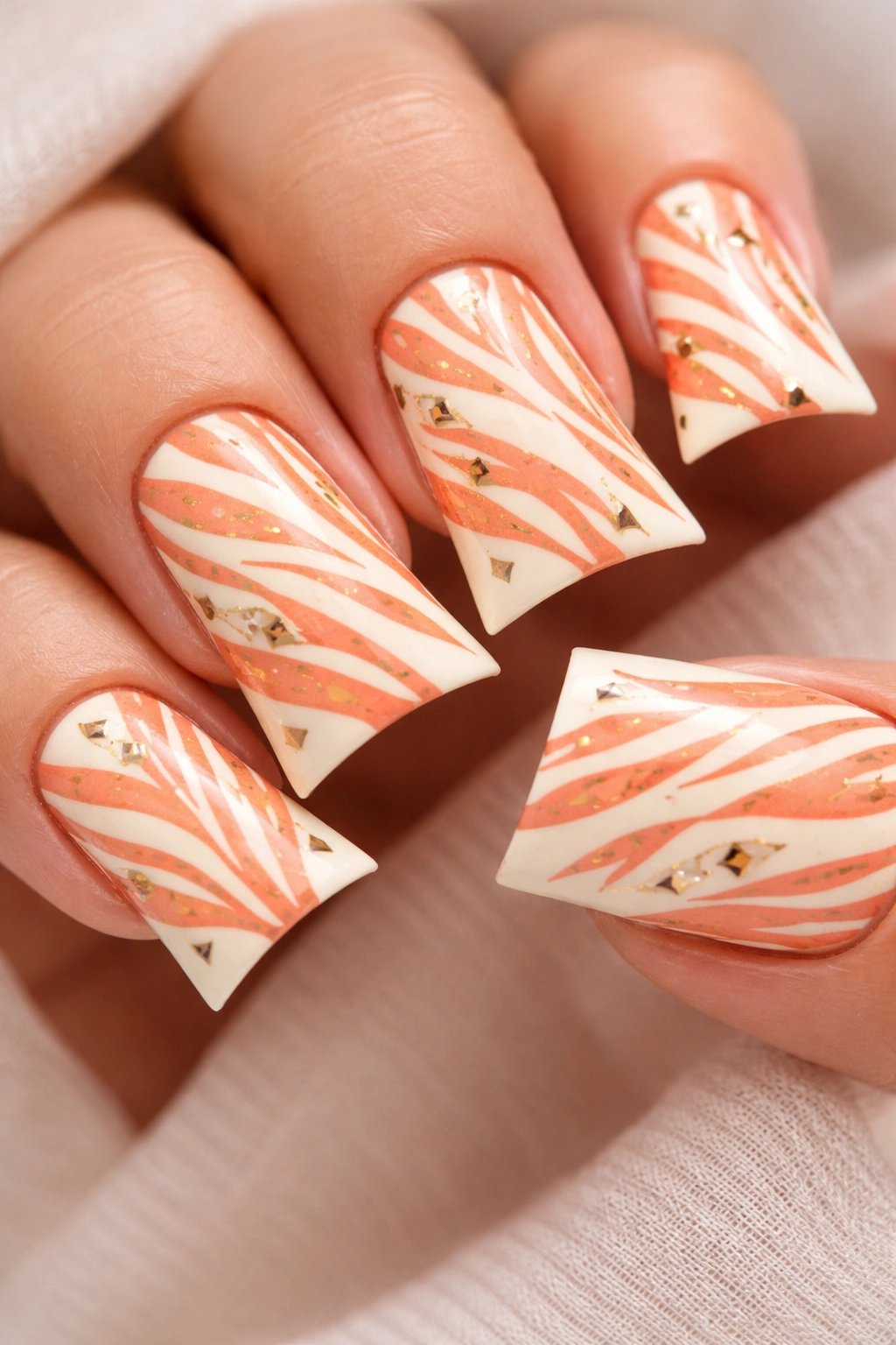 Coral orange zebra nails with geometric shapes on cream base