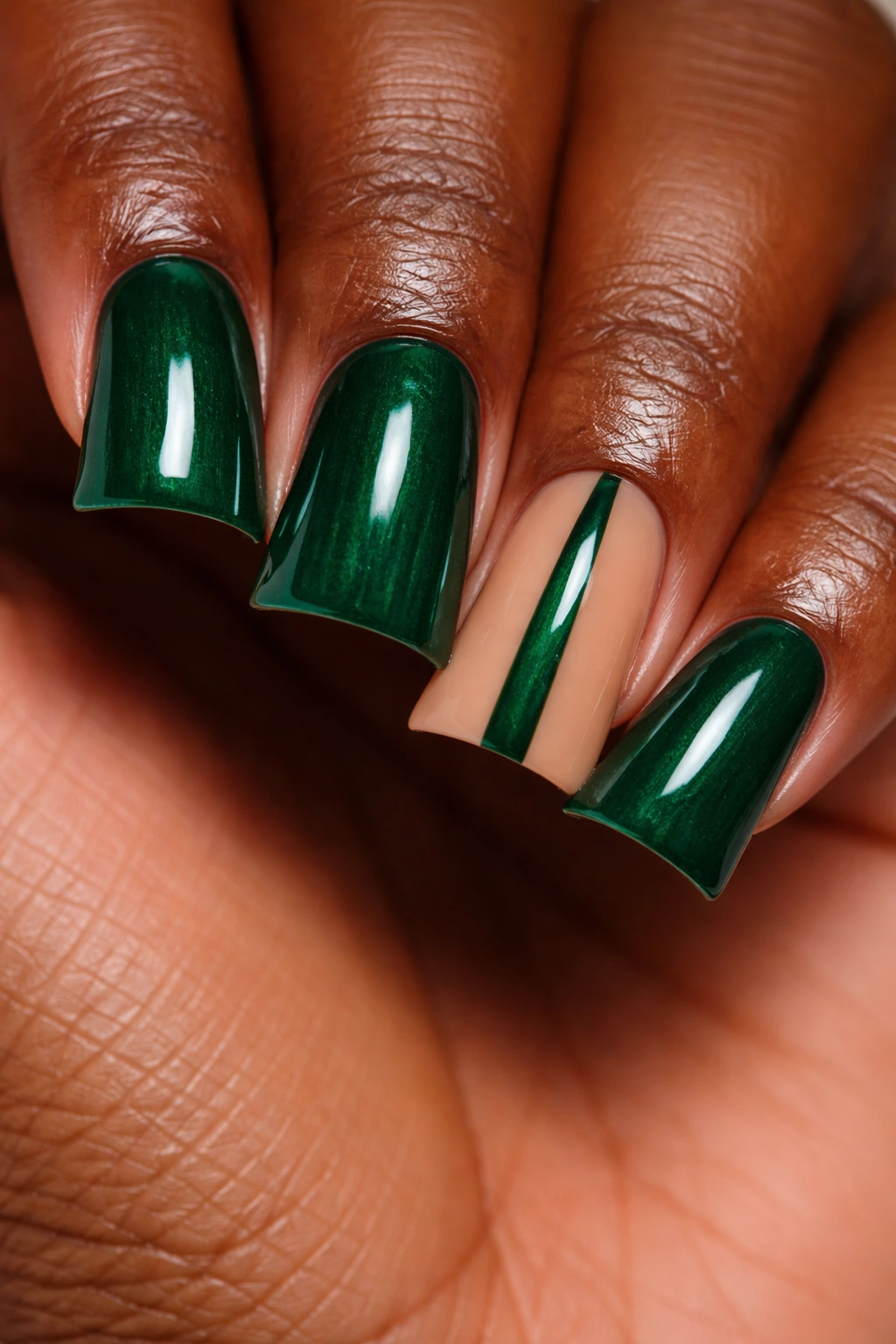 Emerald green duck nails with nude reverse accent nail