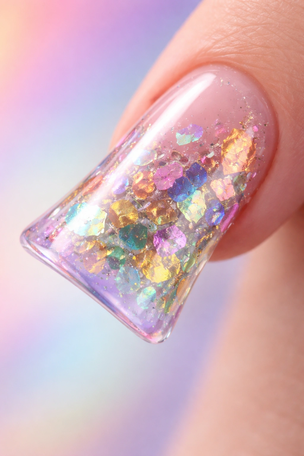 Duck nail with encapsulated foil under clear gel and gradient backdrop
