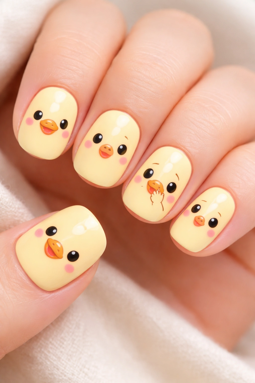 Five nails show kawaii duck faces with expressions