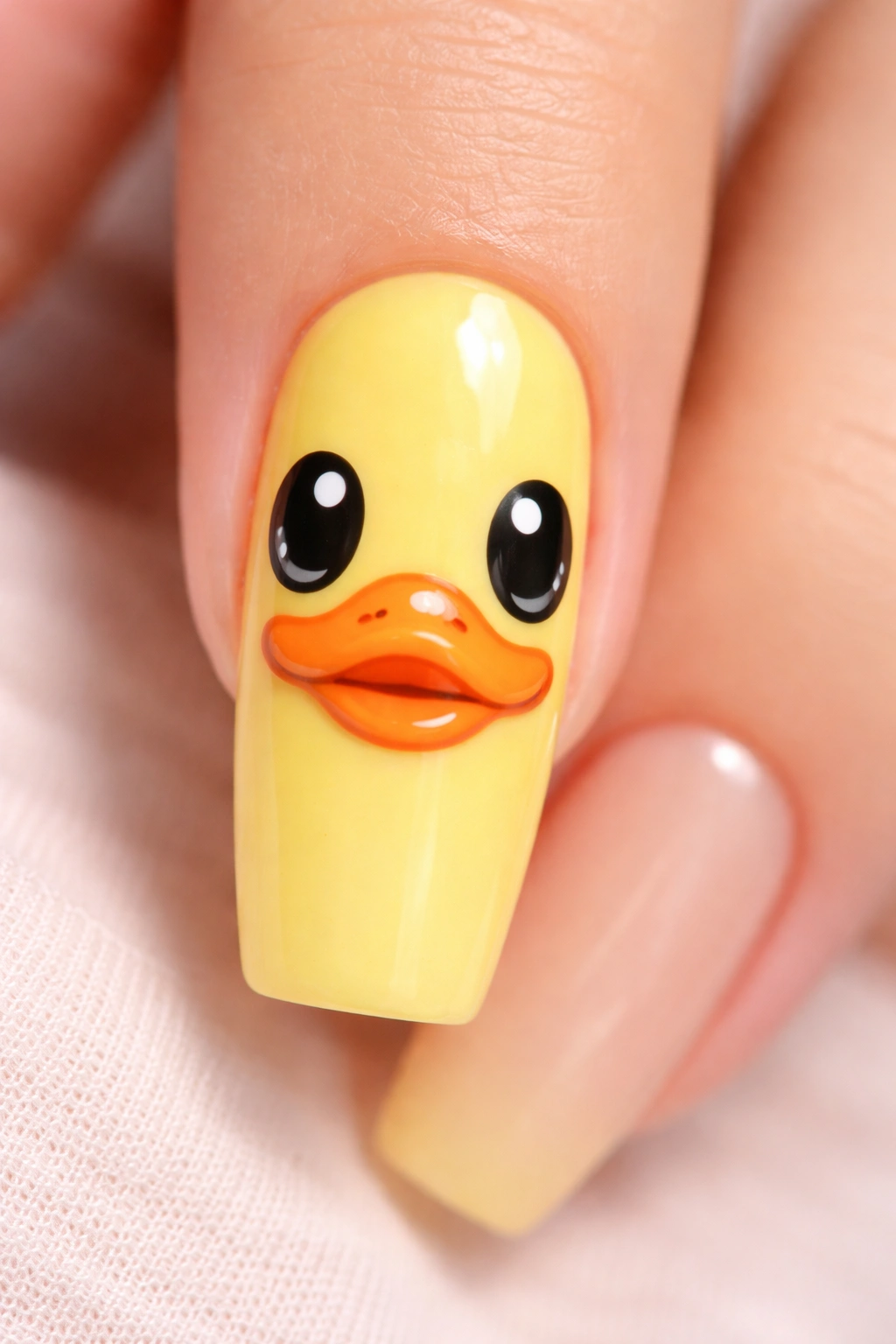 Close-up of a long nail with duck face design featuring large eyes and orange beak