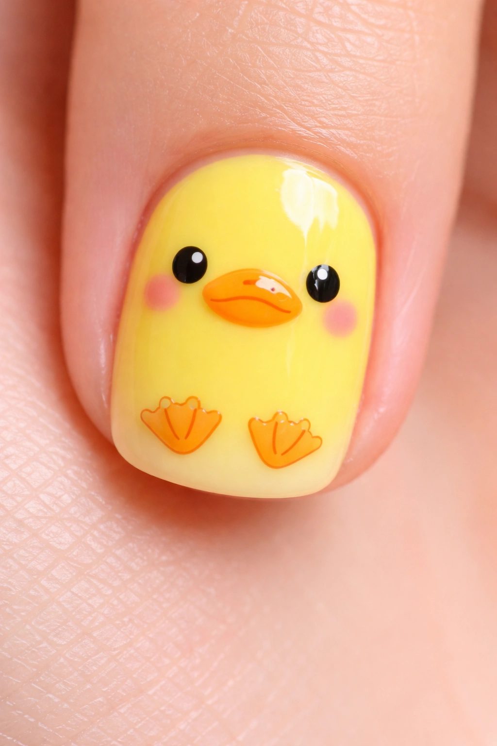 Short yellow nail featuring a duck face and tiny webbed feet below.