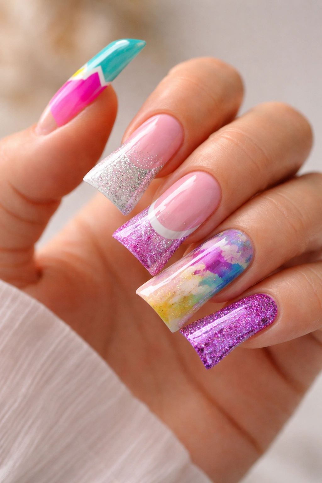 Hand displaying multiple wide duck nails with bold designs