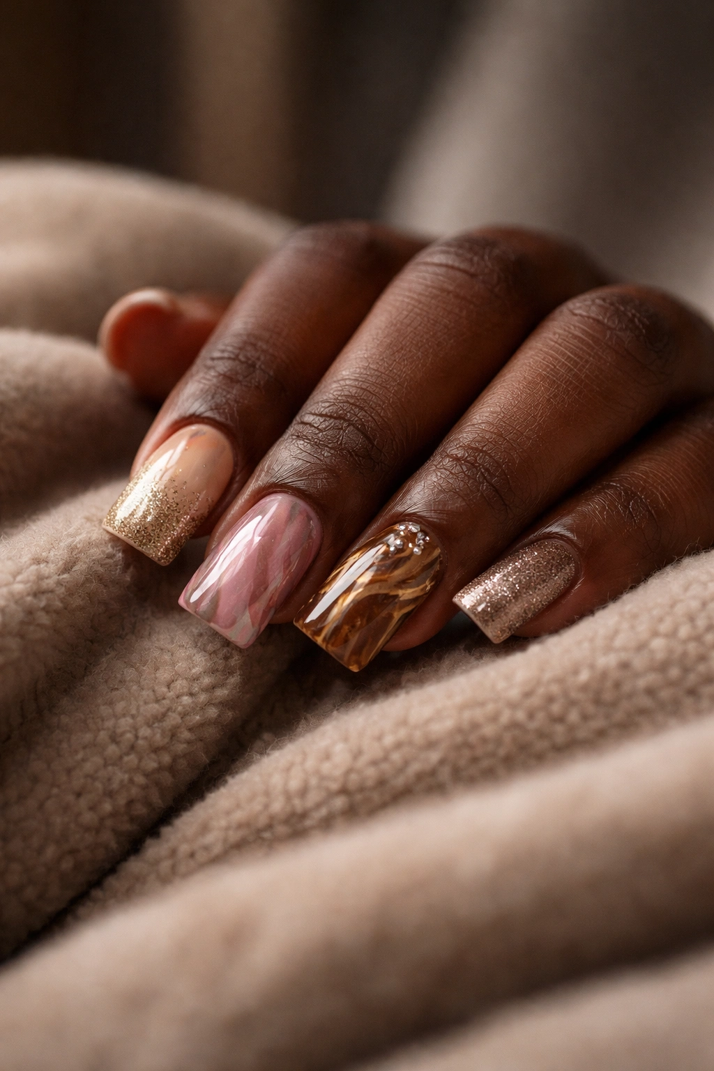 Close-up of hand with duck nails in a contemplative pose