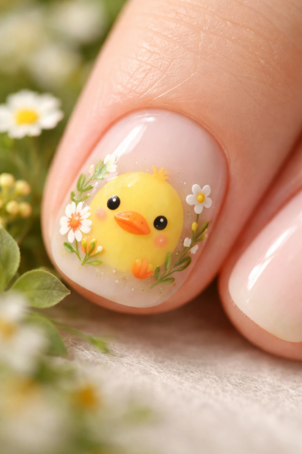 Yellow duck nail with tiny flowers and foliage