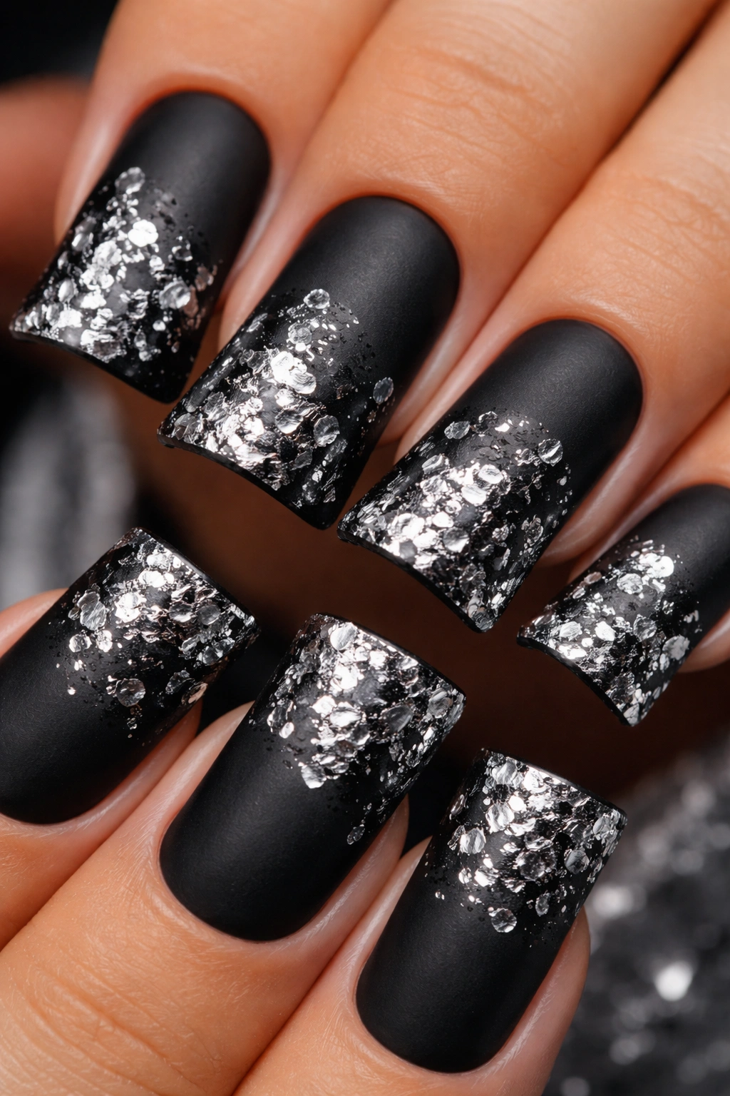 Black matte duck nails with silver foil accents catching light.