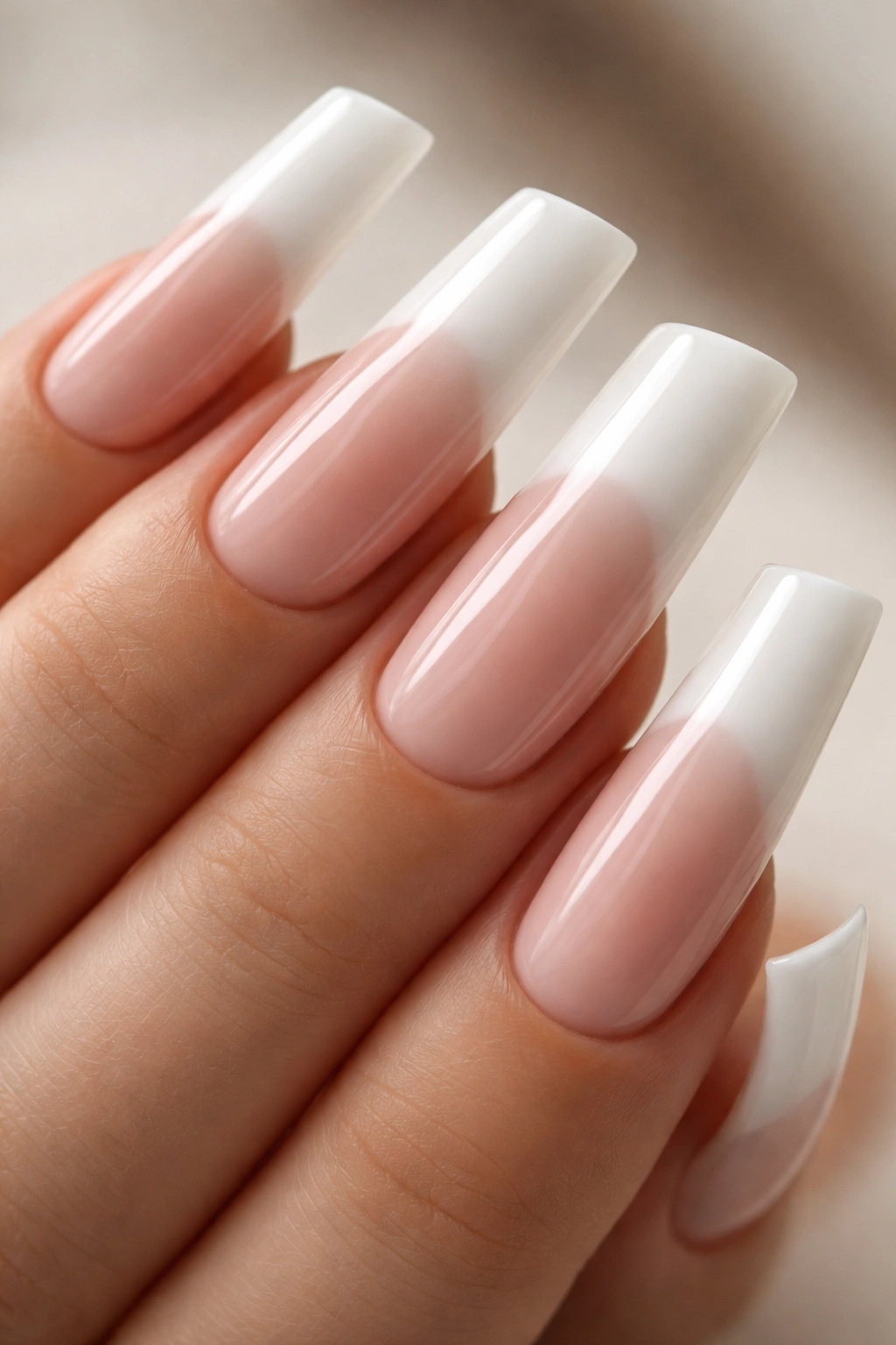 Duck nails with soft pink to white French ombre following the curve.